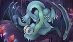 ambiguous_gender blue_body blue_fur claws featureless_crotch feral fur green_body green_membrane green_scales horn membrane_(anatomy) membranous_wings scales solo spread_legs spreading white_claws white_horn wings tiama mythology dragon mythological_creature mythological_scalie scalie hi_res