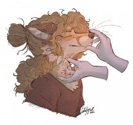 anthro biped blush brown_body brown_fur brown_tail claws clothed clothed_anthro clothed_male clothing countershade_fur countershade_torso countershading disembodied_hand finger_claws fingers fur inner_ear_fluff male petting side_view simple_background smile solo tail teeth tuft white_background tatujapa edgar_vladilisitsa canid canine fox mammal 2025 digital_drawing_(artwork) digital_media_(artwork) hi_res