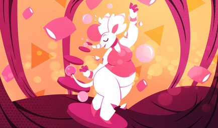 3_fingers abstract_background anthro biped bottomless breasts bubble cleavage clothed clothing dancing female female_anthro fingers footwear overweight overweight_female pillow proboscis_(anatomy) shoes sleeveless_shirt slightly_chubby slightly_chubby_female solo tail thick_thighs trunk_(anatomy) unsigned white_body white_skin shane_frost elephant elephantid mammal proboscidean 2025 hi_res pink_theme
