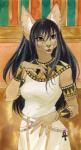 ankh anthro big_ears black_hair brown_eyes claws clothed clothing dress ear_piercing egyptian female hair long_hair looking_at_viewer open_mouth piercing ring smile solo whiskers nekoart domestic_cat felid feline felis mammal traditional_media_(artwork)