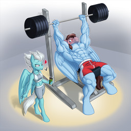 abs abstract_background anthro anthrofied athletic athletic_anthro athletic_female athletic_male barbell bench_press biceps blue_body blue_eyes blue_fur blush bodily_fluids bottomwear bra breasts brown_hair brown_tail clothed clothing duo exercise eyelashes female fingers flirting fluffy fluffy_tail fur grey_hair grey_tail gym hair heart_symbol hooves male midriff muscular muscular_anthro muscular_male musical_note musical_symbol navel one_eye_closed partial_nudity pecs pink_eyes short_hair shorts simple_background sports_bra sweat symbol tail topless topless_anthro topless_male underwear unguligrade v-cut vein veiny_muscles weightlifting weights whistling wings wink workout workout_clothing ponyanony friendship_is_magic hasbro my_little_pony mythology calm_wind_(oc) fan_character fleetfoot_(mlp) wonderbolts_(mlp) equid equine mammal mythological_creature mythological_equine pegasus 1:1 2015 digital_drawing_(artwork) digital_media_(artwork) hi_res signature