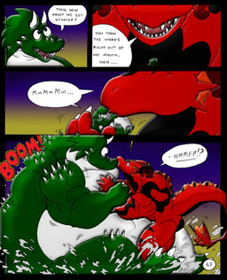 anthro big_breasts body_size_growth breasts duo extreme_size_difference female giga growth_lines huge_breasts inflation kissing macro male musclegut muscular muscular_female muscular_male onomatopoeia puffkiss size_difference size_transformation sound_effects speech_bubble spikes spikes_(anatomy) text transformation dnapalmhead redsaber third-party_edit mythology dragon mythological_creature mythological_scalie scalie comic english_text