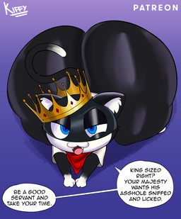 anthro bent_over big_butt black_body black_fur blue_eyes butt clothing crown dipstick_tail fur glistening_eyelids half-closed_eyes headgear huge_butt hyper hyper_butt inner_ear_fluff kerchief kneeling leg_markings looking_at_viewer male markings mask narrowed_eyes open_mouth profanity question_mark shirt shortstack shortstack_male socks_(marking) solo speech_bubble tail tail_markings text topwear tuft white_body white_fur kiffy_(artist) atlus megami_tensei persona_(series) persona_5 sega morgana_(persona) domestic_cat felid feline felis mammal tuxedo_cat absurd_res digital_media_(artwork) english_text hi_res