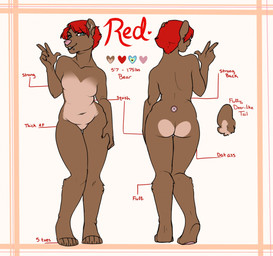 anthro breasts facial_piercing featureless_breasts female hair lip_piercing looking_at_viewer nude piercing slightly_chubby smile solo standing text redpixie red_(redpixie) bear mammal english_text hi_res model_sheet