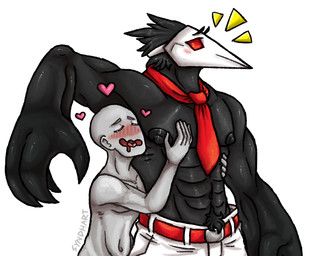 abs anthro blush bodily_fluids bottomwear clothing drooling duo heart_symbol male male/male mask muscular muscular_male necktie nipples pants pec_grab pecs pubes saliva shirtless size_difference surprised syndhart deltarune undertale_(series) anon avian humanoid monster swatchling hi_res