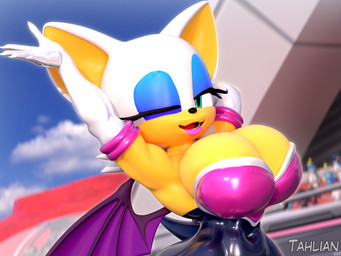 anthro armwear big_breasts breasts clothed clothing cloud eyelashes female glistening green_eyes looking_at_viewer one_eye_closed open_mouth outside pupils smile solo three-quarter_view white_sclera wide_hips wink tahlian sega sonic_racing:_crossworlds sonic_the_hedgehog_(series) rouge_the_bat bat mammal 3d_(artwork) 4:3 absurd_res digital_media_(artwork) hi_res