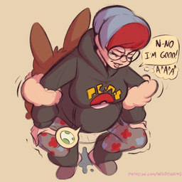 backpack blue_hair bodily_fluids crouching eevee_backpack egg eyewear female glasses hair human_only lying multicolored_hair non_oviparous_oviposition not_furry oviposition pokemon_egg pregnant pregnant_female pregnant_human red_hair shaking short_hair solo tears text trembling two_tone_hair water_breaking wildegems nintendo pokemon penny_(pokemon) human mammal 1:1 english_text