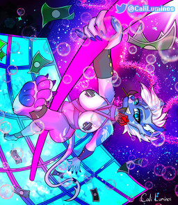 anthro breasts dancing female foreshortening high-angle_view nipple_tape pasties pawpads pole pole_dancing solo tape text caliluminos canid canine mammal absurd_res artist_name digital_drawing_(artwork) digital_media_(artwork) english_text hi_res shaded simple_shading