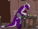 anthro arms_tied bodily_fluids bound crown cum cum_inside duo furniture genital_fluids headgear heart_symbol male male/male size_difference table tail text tongue tongue_out razigator mythology homohydra dragon kobold mythological_creature mythological_scalie scalie