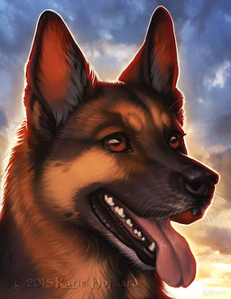 ambiguous_gender black_body black_fur black_lips black_nose brown_body brown_eyes brown_fur cloud day detailed_background feral fur lips open_mouth outside sky solo teeth tongue tongue_out whiskers katie_hofgard canid canine canis domestic_dog german_shepherd herding_dog mammal pastoral_dog 2015 digital_media_(artwork) headshot_portrait portrait