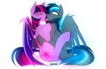 bat_ears bat_wings canon_x_oc collar cuddling deep_kiss duo eyes_closed fangs female female/female feral fluffy fluffy_chest french_kissing g4 hoof_hold horn kissing long_tongue membrane_(anatomy) membranous_wings oral race_swap simple_background sitting suggestive teeth tongue tongue_out torn_wing white_background wings madragon friendship_is_magic hasbro my_little_pony mythology fan_character rainshadow_(lorenzoscomo) twilight_sparkle_(mlp) equid equine mammal mythological_creature mythological_equine pegasus winged_unicorn hi_res