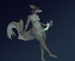 anthro barefoot big_tail black_claws bodily_fluids breasts claws dripping excessive_genital_fluids excessive_precum feet genital_fluids genitals gills green_eyes green_nipples green_penis grey_body gynomorph hair intersex nipples nude penis precum precum_drip precum_on_hand precum_string purple_hair small_breasts smile solo tail anonymous_artist aquatic fish shark hi_res