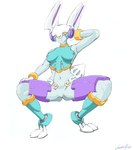 anthro areola areola_slip blue_clothing blue_topwear blush blush_lines breasts camel_toe capcom childre_inarabitta clothing crouching female gammamoon grey_areola grey_body hand_behind_head hand_on_legs hand_on_thighs hi_res lagomorph leporid mammal mega_man_(series) mega_man_zero navel nipple_outline rabbit reploid simple_background smile solo spread_legs spreading thick_thighs topwear white_background wide_hips yellow_eyes