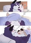 anthro bed biped blush blush_lines brown_body brown_fur duo fur furniture male muscular muscular_anthro muscular_male on_bed purple_body purple_fur sleeping_together white_body white_fur thebenjimaru canid canine canis domestic_dog fox mammal 2024 hi_res