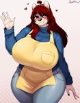 anthro apron big_breasts bottomwear breasts clothing curvy_figure female hair heart_symbol huge_breasts mature_female pants red_hair solo sweater topwear voluptuous sophiathedragon felid mammal pantherine 2022 absurd_res hi_res