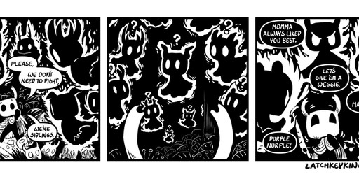 2_horns 3_panel_comic ambiguous_gender biped black_body black_eyes black_speech_bubble cloak clothing dialogue exclamation_point eyebrows floating group holding_melee_weapon holding_object holding_weapon horn looking_at_another melee_weapon motion_lines question_mark speech_bubble standing talking_to_another text weapon white_eyes white_text p5ych hollow_knight_(franchise) team_cherry the_knight_(hollow_knight) shadow_creature sibling_(hollow_knight) vessel_(species) black_and_white comic english_text monochrome nonbinary_(lore) sibling_(lore)