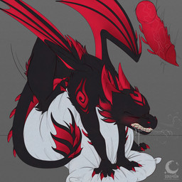 animal_genitalia back_tuft black_body bodily_fluids breath cheek_tuft claws clenched_teeth curled_tail drooling eyes_closed facial_tuft feral folded_wings frill_(anatomy) fur genital_shot genital_slit genitals grinding head_spikes horn humping internal knot knotted_penis male markings masturbation membrane_(anatomy) membranous_frill membranous_wings penis penis_shot pillow pillow_humping raised_leg red_body red_markings saliva scales sharp_teeth solo spiked_penis spiked_tail spikes spikes_(anatomy) tail teeth tuft wings selitoxicmoon mythology fan_character dragon mythological_creature mythological_scalie scalie 1:1 flat_colors hi_res
