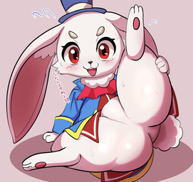 anthro bodily_fluids bottomless clothed clothing featureless_crotch female fur null presenting presenting_crotch raised_leg sweat thick_thighs white_body white_fur mohurin shangri-la_frontier emul_(shangri-la_frontier) lagomorph leporid mammal rabbit vorpal_bunny hi_res