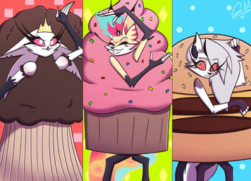 anthro burger burger_costume cheeseburger_costume clothing costume cupcake cupcake_costume female food food_costume group meatball_costume trio gatetejack18 hellaverse helluva_boss mythology loona_(helluva_boss) queen_bee-lzebub_(helluva_boss) stella_(helluva_boss) canid canid_demon canine demon fox_spirit goetia hellhound mammal mythological_canine mythological_creature absurd_res hi_res