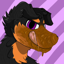 anthro bodily_fluids countershade_torso countershading drooling eating_feces feces feces_in_mouth feces_on_face floppy_ears licking licking_lips licking_own_lips looking_at_viewer male pattern_background purple_background purple_eyes saliva scatplay simple_background smug solo striped_background tongue tongue_out getchoo_pup blackson canid canine mammal 1:1 colored digital_drawing_(artwork) digital_media_(artwork) hi_res shaded