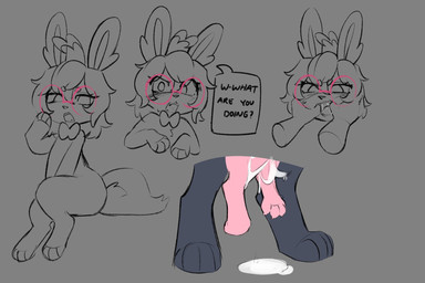 anthro bodily_fluids cum cum_drip cum_pool dialogue disgust dripping duo eyewear female finger_in_mouth genital_fluids glasses held_up male male/female mouth_hold offscreen_sex pink_body naughtylilgoat_(artist) nintendo pokemon ambiguous_species eeveelution generation_6_pokemon pokemon_(species) sylveon digital_media_(artwork) hi_res
