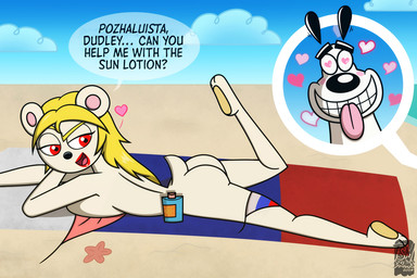 anthro beach big_breasts bikini bikini_bottom bikini_top blonde_hair breasts butt clothing cloud cutaway day duo expression_cutaway female grin hair heart_pupils heart_symbol looking_back lying male mostly_offscreen_character nude on_front on_towel outside pawpads red_eyes russian_flag seductive sky smile solo_focus sunscreen swimwear text tongue tongue_out toony towel two-piece_swimsuit white_body tsm-draws nickelodeon t.u.f.f._puppy dudley_puppy lola_frostki aquatic asterozoan bear canid canine canis domestic_dog echinoderm mammal polar_bear starfish ursine 2019 3:2 colored english_text signature