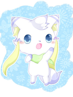 abstract_background ambiguous_gender anthro blue_eyes chibi fur kemono solo white_body white_fur young young_anthro deaic domestic_cat felid feline felis mammal 2014 3:4 absurd_res hi_res