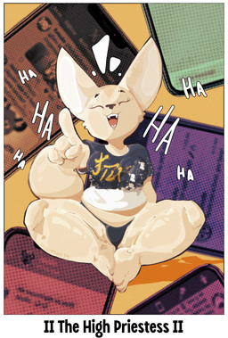 anthro card cellphone clothed clothing electronics female fur laugh major_arcana phone shirt simple_background smartphone solo t-shirt tarot tarot_card the_high_priestess_(tarot) thick_thighs thong topwear underwear wide_hips smokedsoul35 aggretsuko sanrio fenneko canid canine fennec_fox fox mammal true_fox absurd_res hi_res