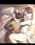 anthro bed biped blush brown_body brown_fur duo fur furniture kiss_on_lips lying male on_bed on_side slim_anthro slim_male white_bed_sheet white_body white_fur nkotova99 domestic_cat felid feline felis mammal 2024 hi_res