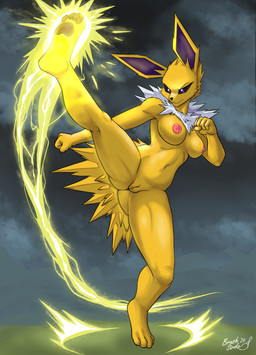anthro areola breasts casual_nudity clitoral_hood feet female fighting_pose fingers fur genitals kick navel nipples nude on_one_leg outdoor_nudity outside pawpads pokemorph pose sky skyscape solo spread_legs spreading standing tail toes vulva yellow_body yellow_fur brushstroke nintendo pokemon eeveelution generation_1_pokemon jolteon mammal pokemon_(species) digital_media_(artwork) hi_res