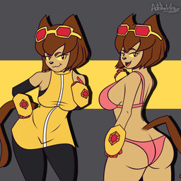 5_fingers anthro big_breasts big_butt black_nose bra breasts brown_body brown_hair butt clothed clothing curvy_figure female fingers hair open_mouth panties pink_bra pink_clothing pink_panties pink_underwear simple_background simple_coloring solo tail thick_thighs underwear wide_hips yellow_sclera antotheviper gameoverse glitch_productions kit_bodega domestic_cat felid feline felis mammal 1:1 absurd_res hi_res