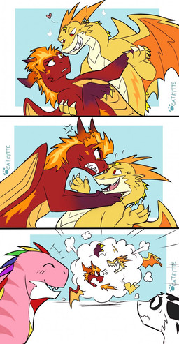 4_fingers all_fours angry annoyed cold dialogue duo feral fight fingers fire flirting group hair laugh male multicolored_body red_body scales smile tongue wings worried yellow_body yellow_scales catkitte mythology blaze_(catkitte) boltron_(catkitte) panda_(catkitte) dragon mythological_creature mythological_scalie scalie 2020 comic digital_drawing_(artwork) digital_media_(artwork) hi_res signature