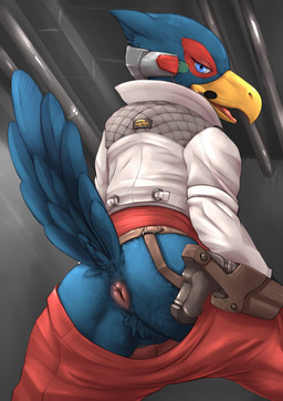 animal_genitalia anthro beak blue_body blue_eyes blue_feathers bottomwear bottomwear_down butt butt_pose cloaca clothed clothing electronics feathers genitals gun half-closed_eyes headgear headphones headset looking_at_viewer looking_back male narrowed_eyes open_mouth pants pants_down partially_clothed pose presenting presenting_cloaca presenting_hindquarters raised_tail ranged_weapon rear_view red_body red_feathers solo tail tail_feathers tongue topwear weapon lizardlars nintendo star_fox falco_lombardi avian bird falcon falconid 2018 hi_res