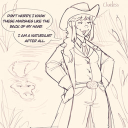 anthro clothing cowboy cowboy_outfit duo female female_prey feral feral_pred hat headgear headwear human_prey oral_vore text vore indigested_omelette crocodile crocodilian human humanoid mammal reptile scalie 1:1 english_text hi_res monochrome