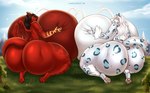 anthro big_breasts big_butt breasts butt duo female huge_breasts huge_butt hyper hyper_breasts macro micro milk lavochnica mythology dragon felid mammal mythological_creature mythological_scalie pantherine scalie snow_leopard absurd_res hi_res