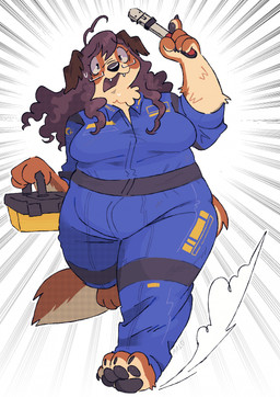 4_toes 5_fingers anthro barefoot biped black_pawpads blue_clothing blue_coveralls breasts brown_hair claws clothing countershade_feet countershading coveralls curly_hair eyewear fangs feet female finger_claws fingers glasses hair hindpaw holding_object holding_tool looking_at_viewer motion_lines multicolored_body neck_tuft open_mouth overweight overweight_anthro overweight_female pawpads paws rectangular_glasses simple_background slightly_chubby solo teeth text toe_claws toes tools tuft two_tone_body wearing_glasses white_background worried luckymuttz canid canine canis domestic_dog mammal handwritten_text hi_res signature
