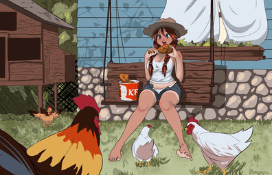 5_toes barefoot beak big_breasts blue_eyes blush bottomwear braided_hair breasts brown_hair building chicken_coop chicken_meat cleavage clothed clothing cobblestone curling_toes denim denim_bottomwear denim_clothing denim_shorts eating eating_food feathers feet female feral food freckles fried_chicken grass group hair hat headgear headwear hotpants house kfc_bucket light_body light_skin meat not_furry_focus open_mouth outside panties pigtails plant plantigrade shirt shorts shrub sitting soles spread_toes suntan tan_body tan_line tan_skin tank_top toes topwear tree twin_braids underwear unzipped unzipped_pants white_body white_clothing white_feathers white_panties white_shirt white_tank_top white_topwear white_underwear worried zipper poegryn kfc avian bird chicken galliform human mammal phasianid digital_media_(artwork) hi_res