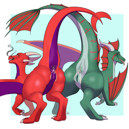 after_sex anus ass_to_ass belly big_butt blush bodily_fluids butt claws clitoris cum cum_from_ass cum_in_ass cum_inside duo eye_scar facial_scar female feral fin genital_fluids genitals green_anus green_eyes green_vulva hip_to_hip horn inviting looking_at_viewer looking_back markings mint_body multicolored_body open_mouth open_smile orange_eyes presenting presenting_anus presenting_hindquarters presenting_vulva purple_anus purple_belly purple_vulva raised_tail rear_view red_body scale_markings scales scar seductive side_by_side simple_background smile smirk smoke smoke_from_mouth smoke_from_nose tail tail_anus tail_fin take_your_pick teeth thick_thighs toe_claws tongue two_tone_body vulva white_belly wide_hips wings riboo european_mythology mythology alexandra_fay amynta_emms dragon mythological_creature mythological_scalie scalie sea_wyvern western_dragon wyvern 1:1 hi_res