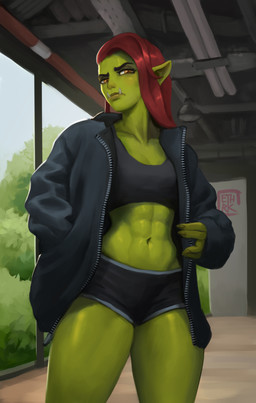 abs athletic athletic_female athletic_humanoid athletic_wear bottomwear bra breasts clothed clothing female green_body green_skin gym_bottomwear gym_shorts hair humanoid_pointy_ears inside jacket medium_breasts midriff muscular not_furry open_clothing open_jacket open_topwear pointy_ears red_hair shorts solo sports_bra topwear tusks underwear window ethrk grika_(ethrk) humanoid orc digital_media_(artwork)
