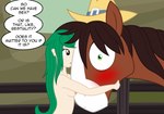 badumsquish blush breasts brown_eyes brown_hair clothing cowboy_hat dialogue duo embrace english_text equid equine female female_on_feral fence feral freckles friendship_is_magic green_eyes green_hair hair hasbro hat headgear headwear hi_res horse hug human imminent_bestiality imminent_sex long_hair mammal my_little_pony nipples nude pony text troubleshoes_(mlp) wallflower_blush_(eg) wide_eyed