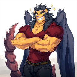 abs anthro barazoku belt biceps black_bottomwear black_clothing black_jeans black_mane black_pants black_wings bottomwear brown_belt clothing crossed_arms denim denim_bottomwear denim_clothing forearm_muscles jeans male mane muscular muscular_anthro muscular_male pants pecs red_clothing red_shirt red_topwear shirt simple_background smile solo sparkles stinger stinger_tail tail tight_clothing tight_shirt tight_topwear topwear triceps white_background wings yellow_eyes kuron iranian_mythology middle_eastern_mythology mythology virska felid mammal manticore 2026 hi_res