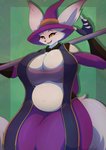 anthro big_breasts breasts cheek_tuft cleavage clothed clothing facial_tuft female hat headgear headwear looking_at_viewer motion_lines navel open_mouth simple_background slightly_chubby smile solo thick_thighs tongue tuft wide_hips witch_hat yellow_eyes asaneman blizzard_entertainment warcraft victoria_(asaneman) canid mammal vulpera absurd_res hi_res