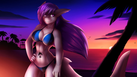 anthro beach bikini breasts cleavage clothed clothing cloud collarbone cute_fangs eyebrows eyelashes fangs female fin hair hand_on_hip navel non-mammal_breasts outside purple_eyes purple_hair seaside sky smile solo sunset swimwear tattoo teeth two-piece_swimsuit xaenyth aquatic fish shark 2018 absurd_res hi_res