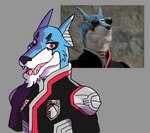 anthro clothing collar jacket male open_mouth red_eyes smile smiling_at_viewer solo topwear apolonoise power_rangers super_sentai tokusou_sentai_dekaranger doggie_kruger canid canine canis domestic_dog mammal