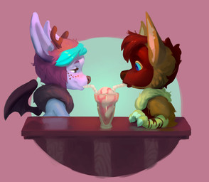 anthro bat_wings beverage chibi dessert diner drinking duo female food freckles ice_cream male membrane_(anatomy) membranous_wings milkshake restaurant romantic romantic_couple wings stealthnachos aardwolf bat deer hybrid hyena mammal