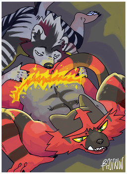anal anthro black_body black_fur blue_eyes blue_pawpads duo ear_piercing fur green_eyes grey_body grey_fur kneeling leaning_on_wall male male/male oral pawpads piercing red_body rimming sex stripes tail yellow_sclera bastriw nintendo pokemon jason_ty generation_7_pokemon hyena incineroar mammal pokemon_(species) striped_hyena absurd_res hi_res