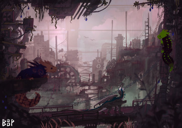 feral fur industrial_architecture industrial_background male outside sky solo tail wings small_boop mythology rain_world videocult flicker_(oc) kyu_(oc) dragon green_lizard_(rain_world) lizard lizard_(rain_world) mythological_creature mythological_scalie reptile scalie hi_res