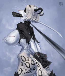anthro anthrofied arched_back bdsm big_breasts blood bodily_fluids bound breasts bruised collar cuff_(restraint) ears_down eyebrow_whiskers female fluffy fur hair hands_behind_back hands_tied hands_tied_behind_back katana leash leash_pull markings melee_weapon musk object_in_mouth petplay pink_nose pivoted_ears restraints roleplay scratches sex_slave simple_background slave slave_warrior small_waist solo spots spotted_markings submissive submissive_female sweat sword sword_in_mouth thick_thighs weapon weapon_in_mouth whiskers white_body white_fur white_hair wide_hips scherr nier_automata platinumgames yorha_2b felid mammal pantherine snow_leopard hi_res