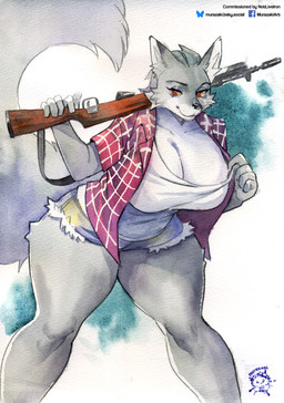 anthro big_breasts biped bottomwear breasts clothed clothing eyelashes female fur grey_body gun holding_object holding_weapon pupils ranged_weapon red_clothing red_eyes simple_background smile solo thick_thighs topwear weapon murazaki canid canine canis mammal wolf absurd_res hi_res