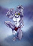 abs abstract_background anthro balls_outline big_eyes biped bulge claws clothed clothing detailed_bulge fur genital_outline green_eyes grey_body grey_fur jumping looking_at_viewer male motion_blur muscular muscular_anthro muscular_male nipples pecs simple_background solo teeth toe_claws topless underwear whiskers bleakcat domestic_cat felid feline felis mammal